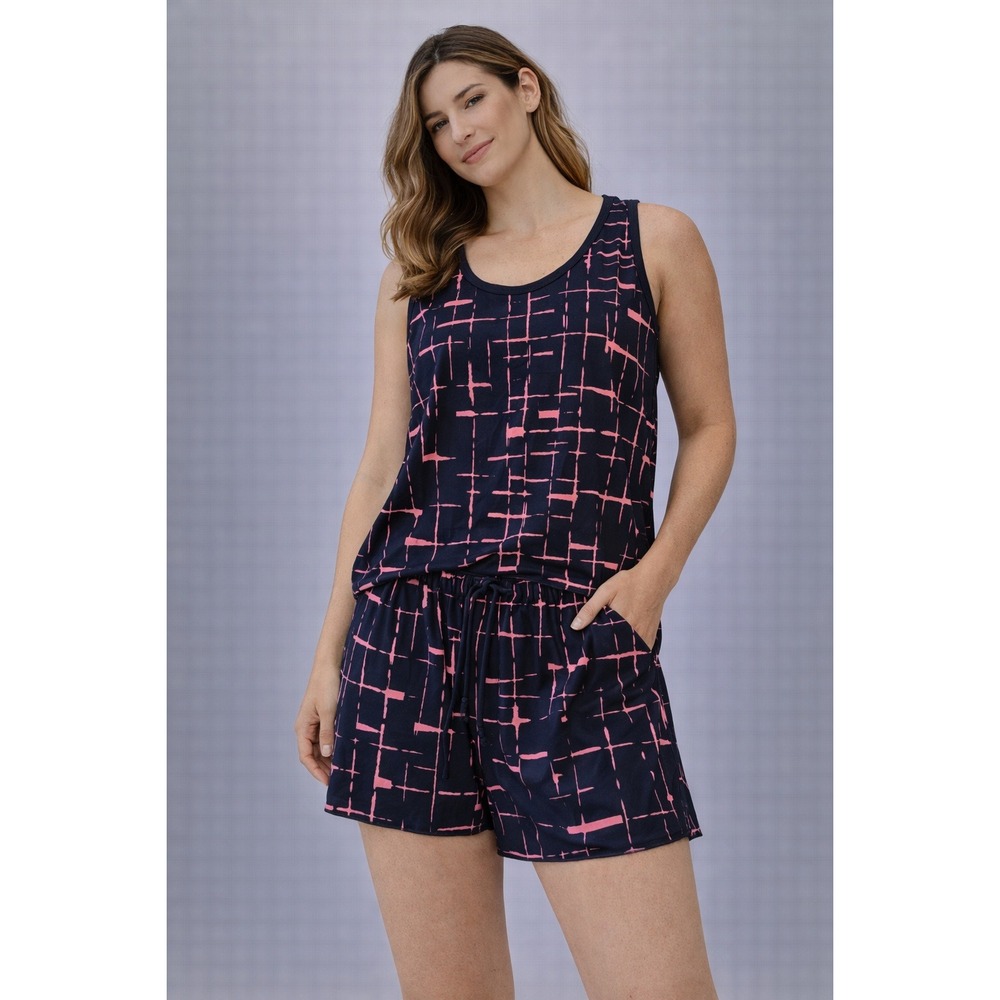 COLADA CO Womens Pajama Set Tank Top Shorts‎ Grid Print Navy Pink Lounge Size S